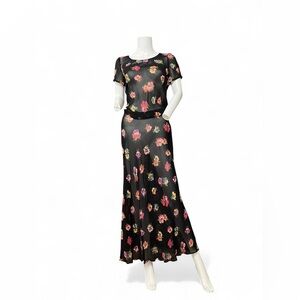 Betsey Johnson Black Maxi Dress with Pink and Yellow Floral Print